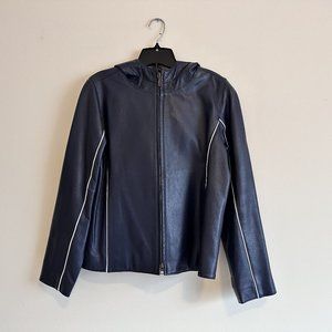 Marcel Canada Navy Leather Zip Jacket with Hood